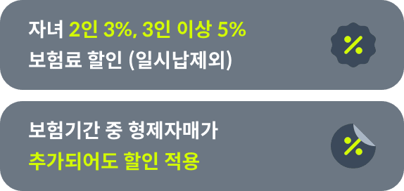 자녀 2인 3% , 3인 이상 5% 보험료 할인 (일시납 제외), 보험기간 중  형제자매가 추가되어도 할인 적용