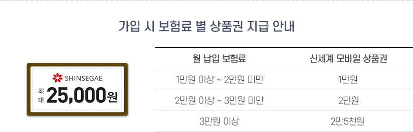 가입 시 월 납입 보험료 1만원 이상 2만원 미만 고객 신세계 모바일 1만원 상품권 증정, 가입 시 월 납입 보험료 2만원 이상 3만원 미만 고객 신세계 모바일 2만원 상품권 증정, 가입 시 월 납입 보험료 3만원 이상 고객 신세계 모바일 3만원 상품권 증정