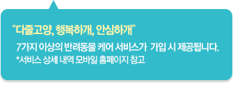 다줄고양, 행복하개, 안심하개 - 7가지 이상의 반려동물 케어 서비스가 가입 시 제공됩니다. *서비스 상세 내역 모바일 홈페이지 참고