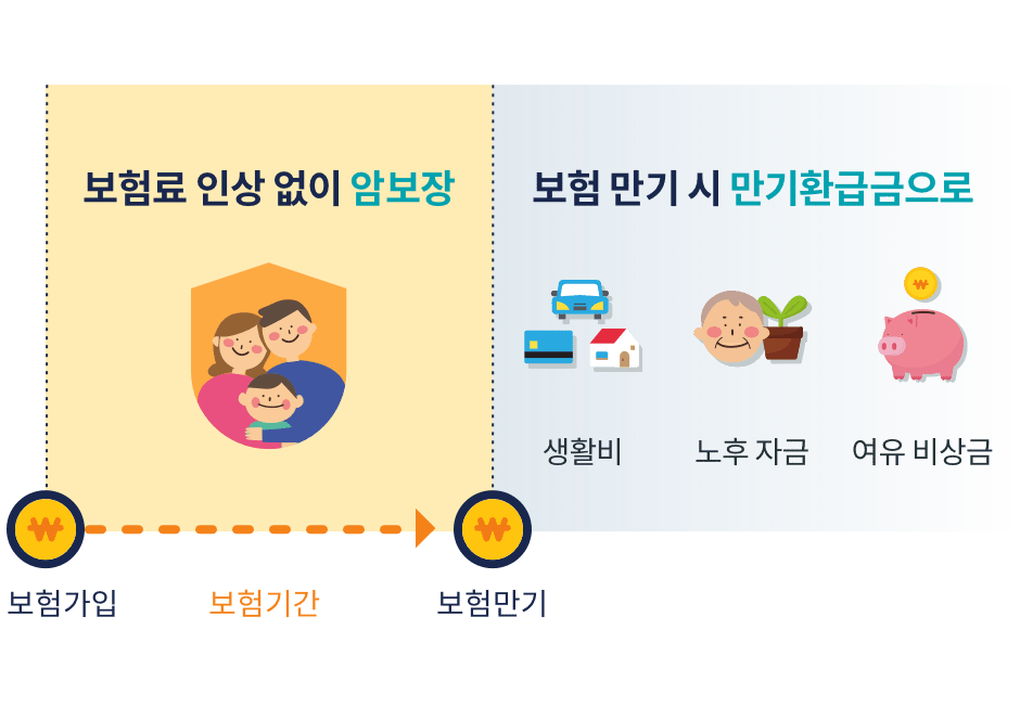 보험요 인상 없이 암보장, 생활비, 노후 자금, 여유 비상금 보험 만기 시 만기환급금으로